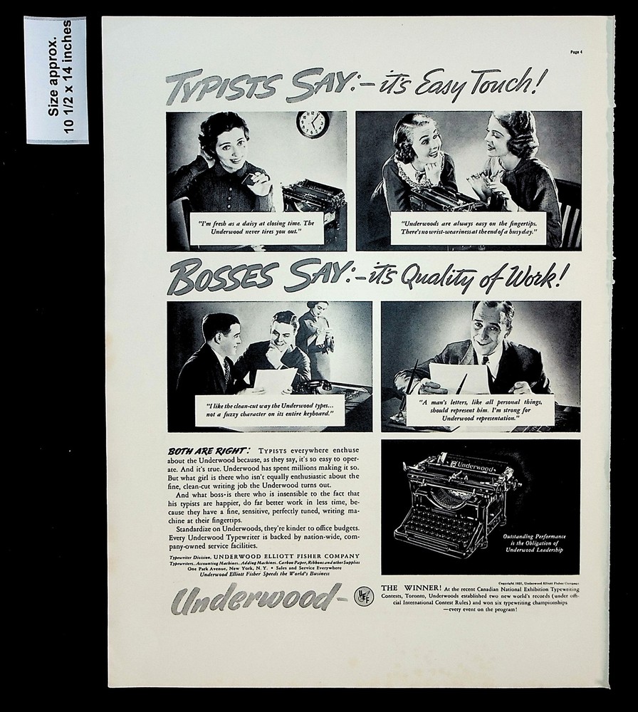 1937 Underwood Elliott Fisher Co. Typewriters Vintage Print Ad 31630