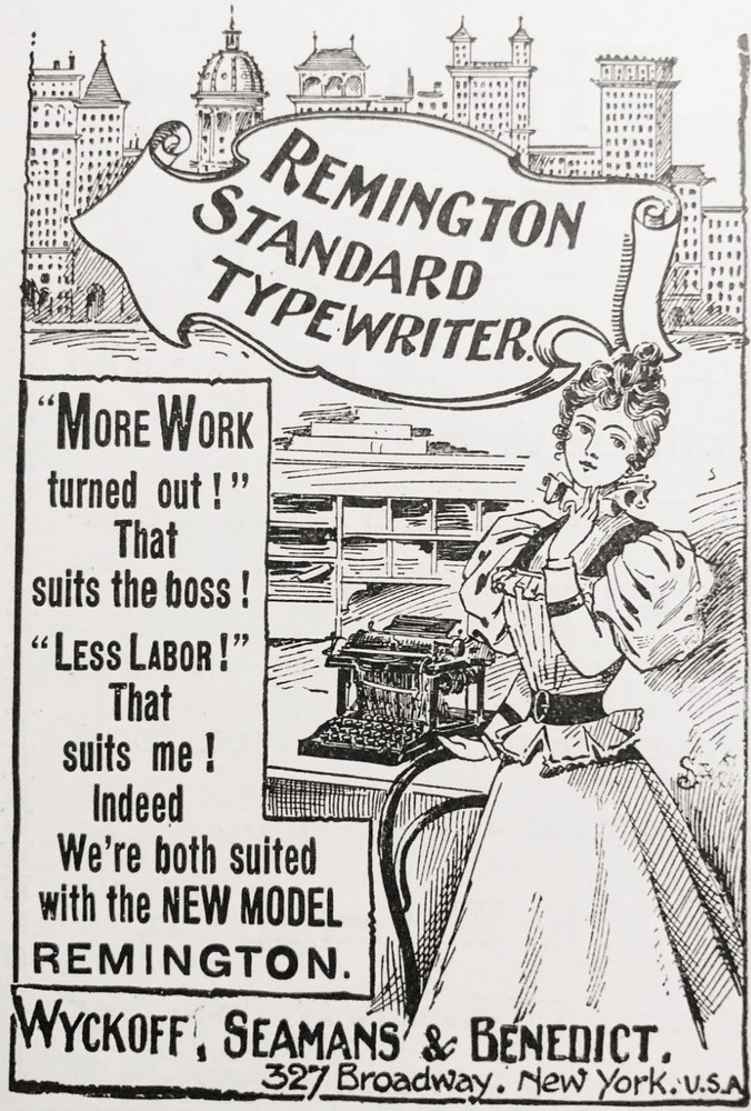 NY Skyline New Model Girl Antique REMINGTON STANDARD Typewriter c1890s Print Ad!