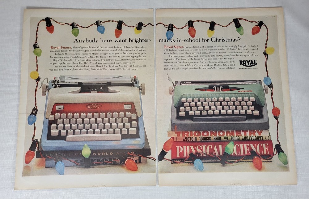 1961 Royal Typewriter Christmas Lights Print Ad