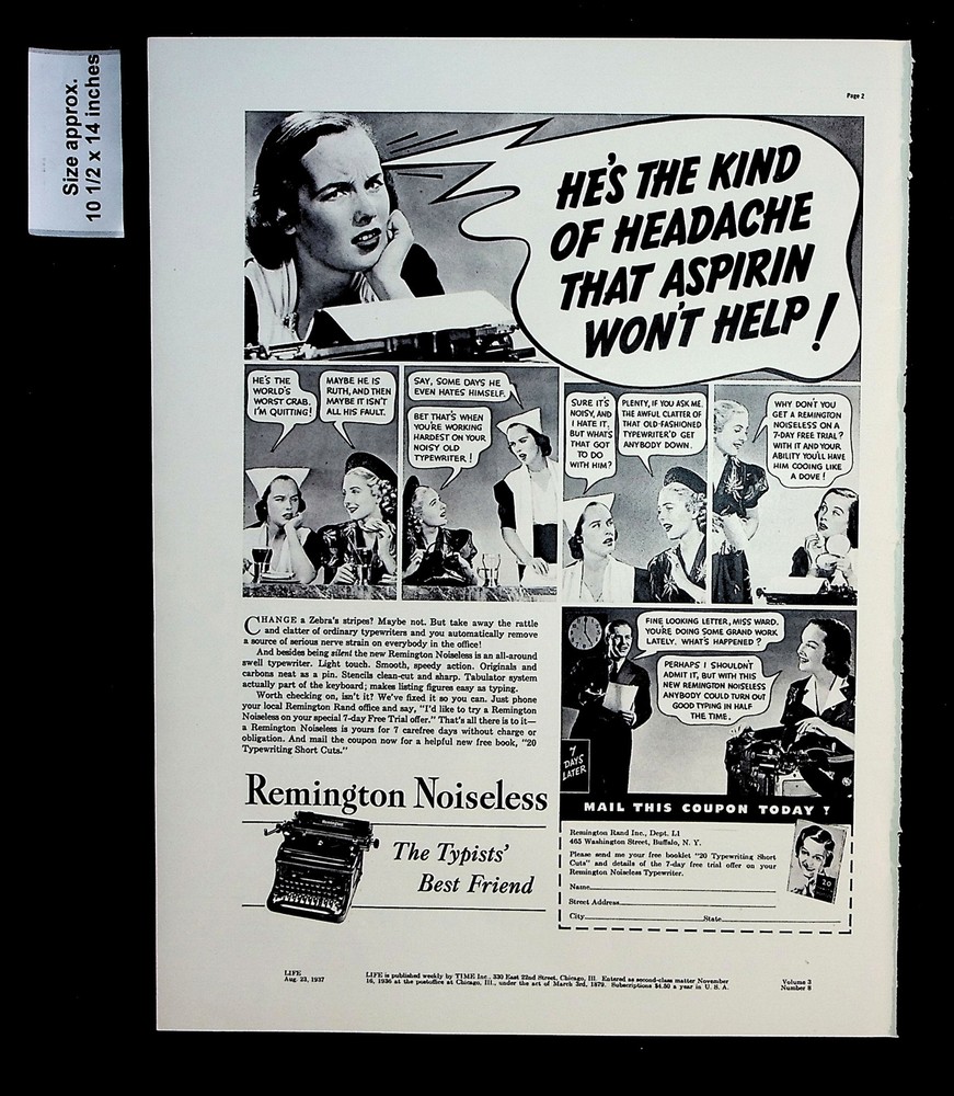 1937 Remington Noiseless Typewriter Old Noisy Headache Vintage Print Ad 32175