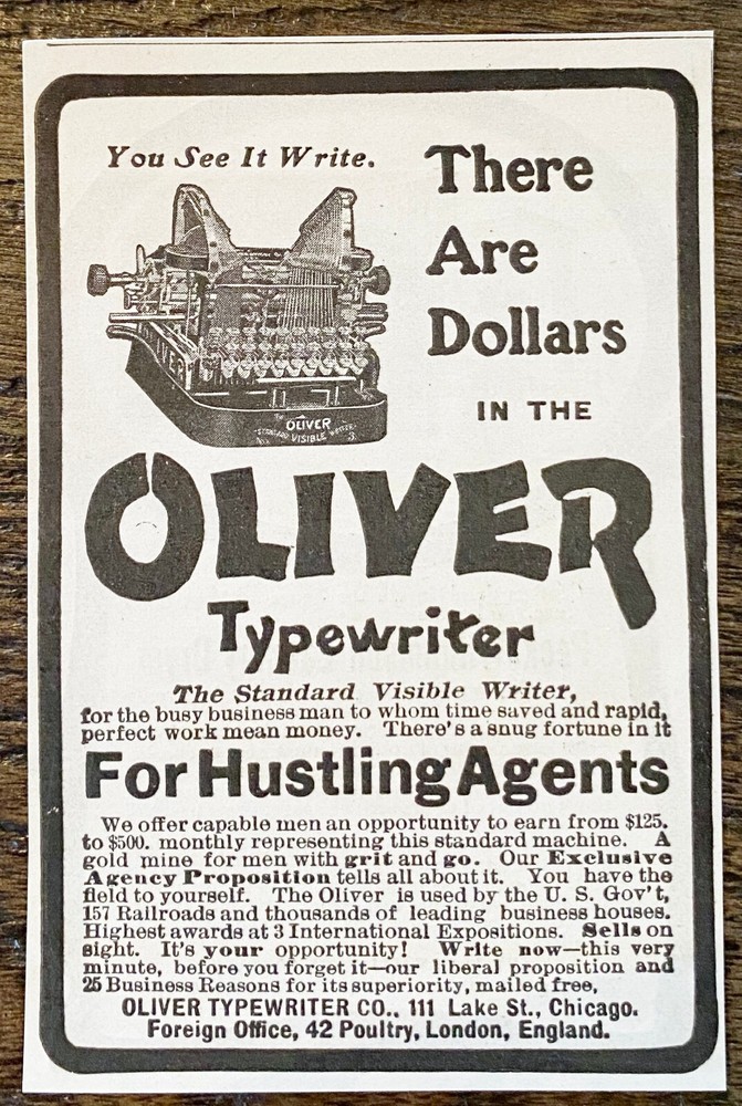 There Are Dollars in the OLIVER TYPEWRITER for Hustling Agents Vtg 1902 Print Ad