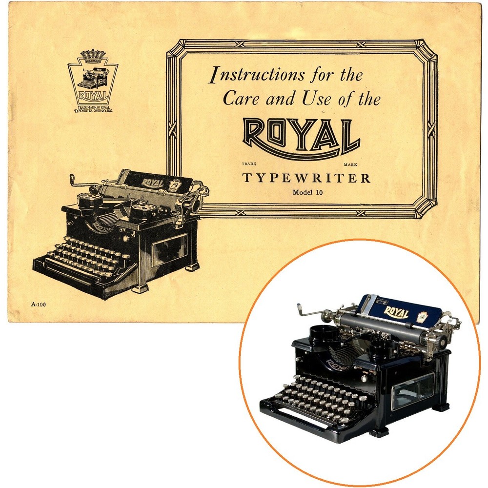 ROYAL No.10 TYPEWRITER INSTRUCTION MANUAL Antique Vtg Single Panel Glass Side