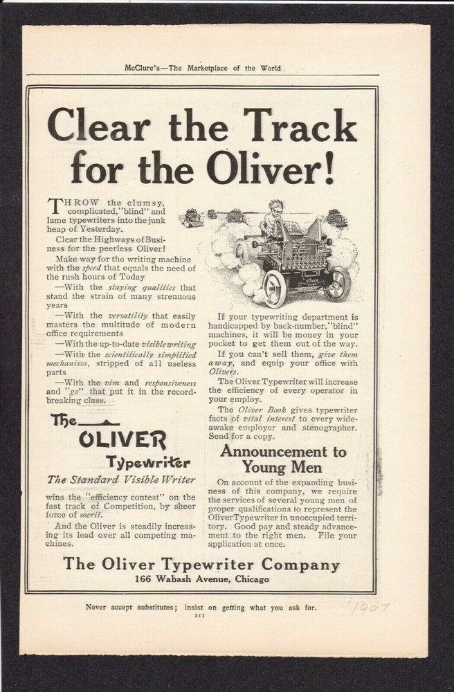 1907 Oliver Typewriter Ad CLEAR THE TRACK FOR THE OLIVER – Typewriter on Wheels