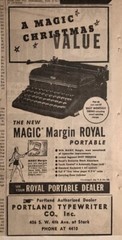 1939 newspaper ad for Magic Margin Royal Portable Typewriter – list of features