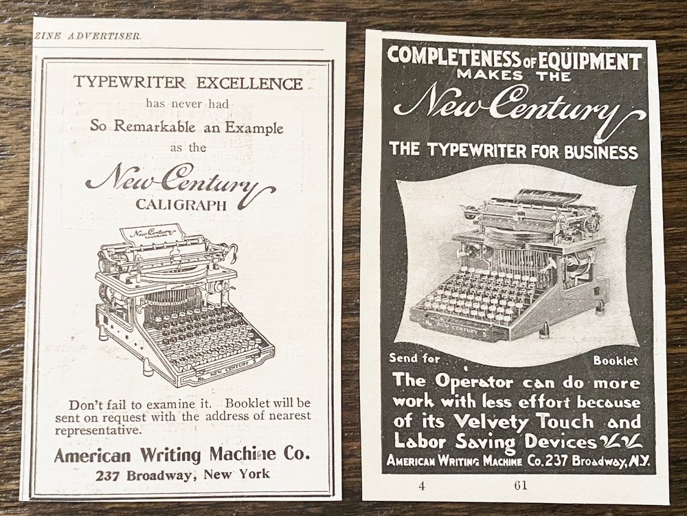 NEW CENTURY TYPEWRITER Caligraph Model No.5 Antique Black&White c1899 Print Ads