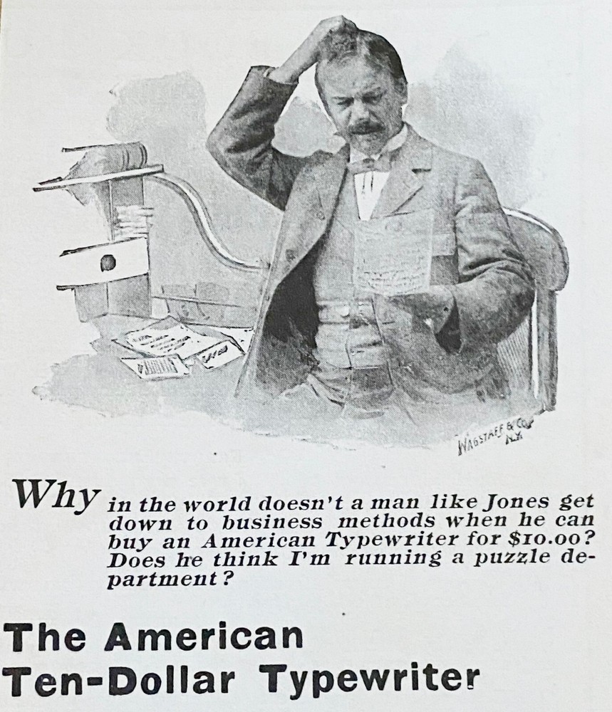 Antique 1899 AMERICAN TYPEWRITER CO. Vtg Office Art Print Ad~Man Scratching Head
