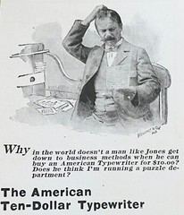 Antique 1899 AMERICAN TYPEWRITER CO. Vtg Office Art Print Ad~Man Scratching Head