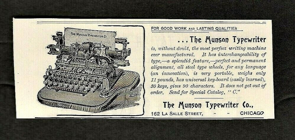 1893 Vintage magazine AD for the MUNSON TYPEWRITER ~ CHICAGO