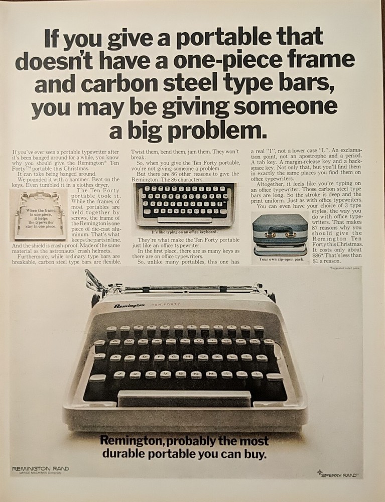1967 Remington Typewriter Print Ad, Most Durable Portable Electric Typewriter