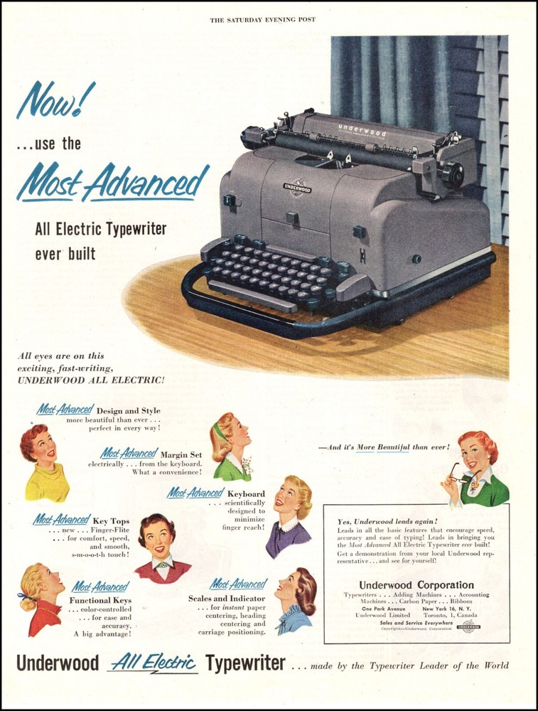 1953 vintage AD UNDERWOOD All Electric Typewriter Most Advanced Ever Built101023
