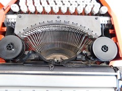 SUPER COOL ORANGE HERMES BABY TYPEWRITER, MADE IN BRAZIL, WORKS, NEEDS CLEAN
