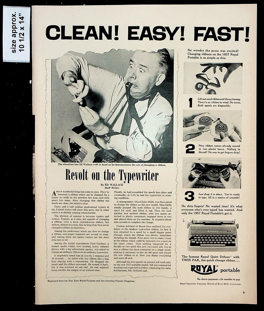 1956 Royal Portable Typewriter 1957 Machine Typing Man Vintage Print Ad 36960