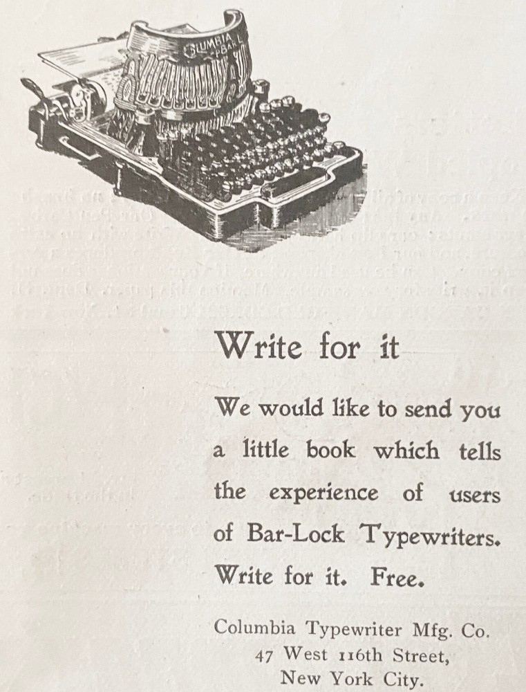 Write for it COLUMBIA BAR-LOCK TYPEWRITER Little Book Free Antique 1899 Print Ad