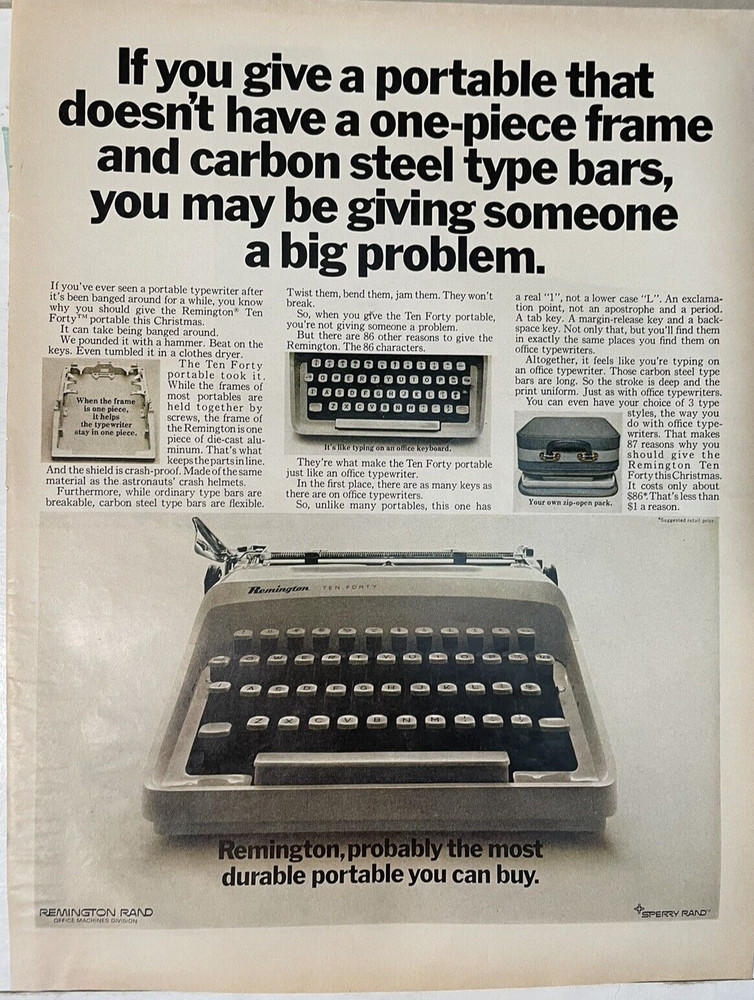 Remington Rand Typewriter Print Ad 1967 Sperry Rand Case Color Large Size