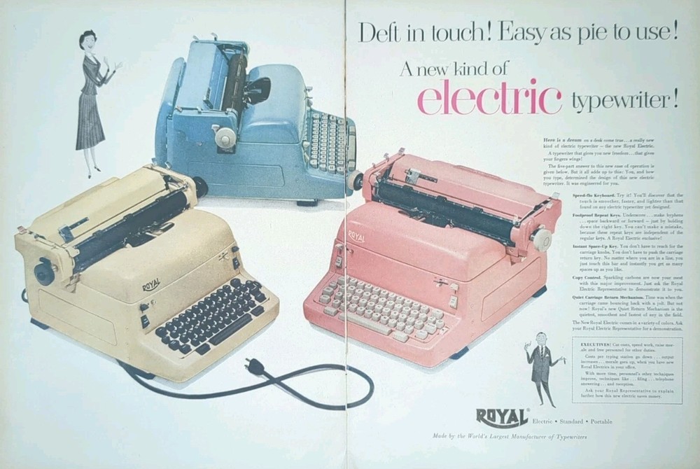 1955 Pink, Blue & Cream Royal typewriter Print Ad Electric Typewriter