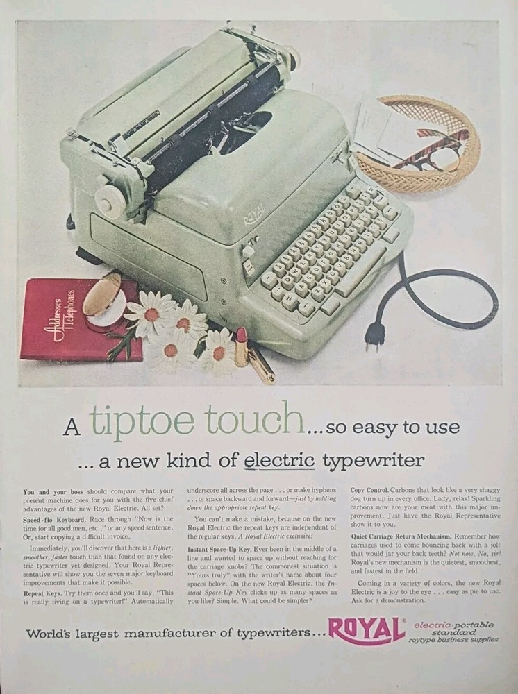 1954 Green Royal Electric Typewriter Print Ad, Tiptoe Touch