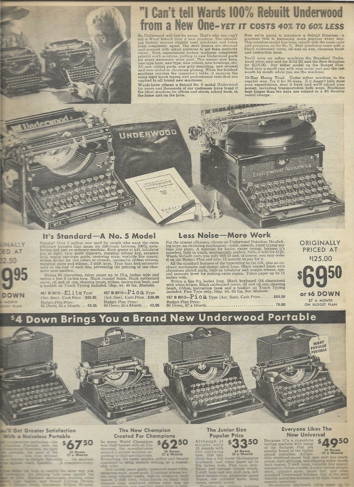 1936 Wards Catalog Ad Page STANDARD UNDERWOOD TYPEWRITER MICKEY MOUSE PARASOL