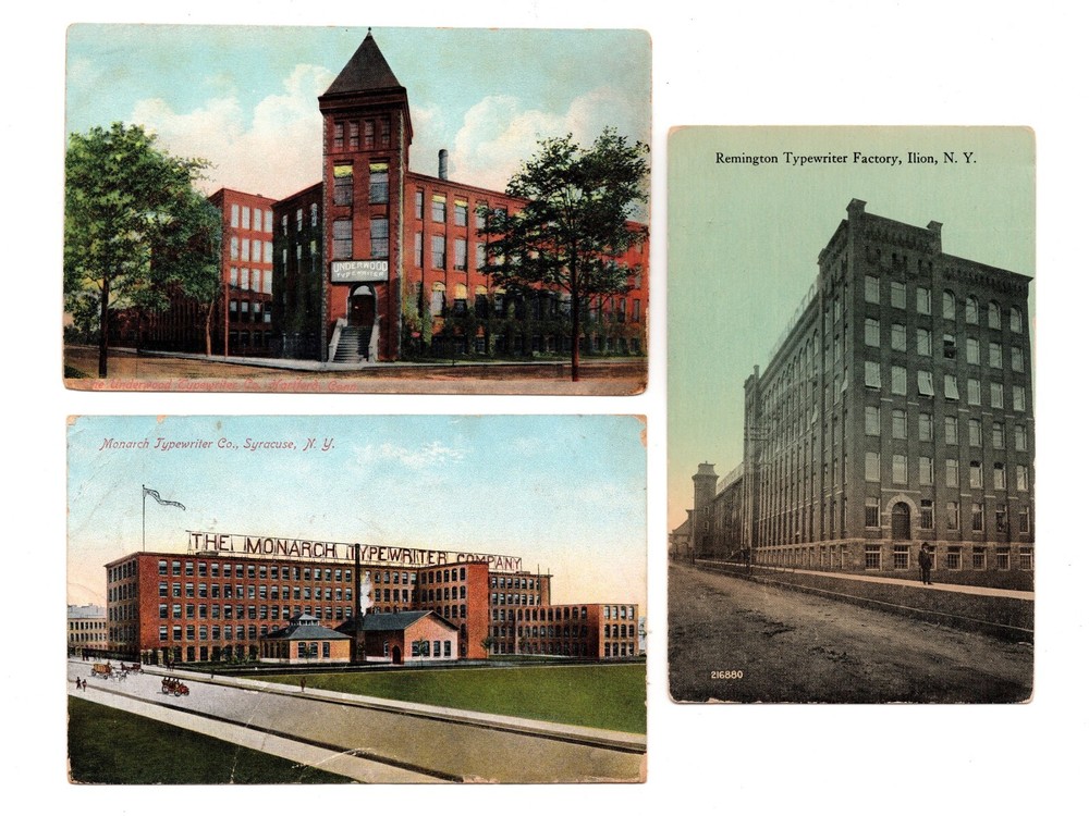 Three (3) Typewriter Factory Postcard RPPC Monarch Underwood Remington Vtg